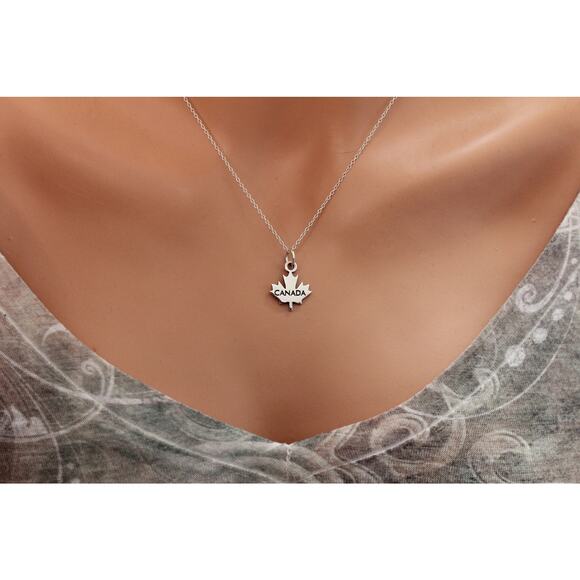 Sterling Silver Oxidized Maple Canadian Leaf Charm Necklace - Picture 2 of 9